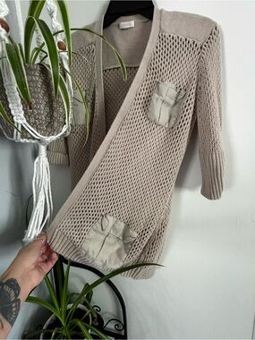 Chico's Open-Knit Taupe Pocket Cardigan